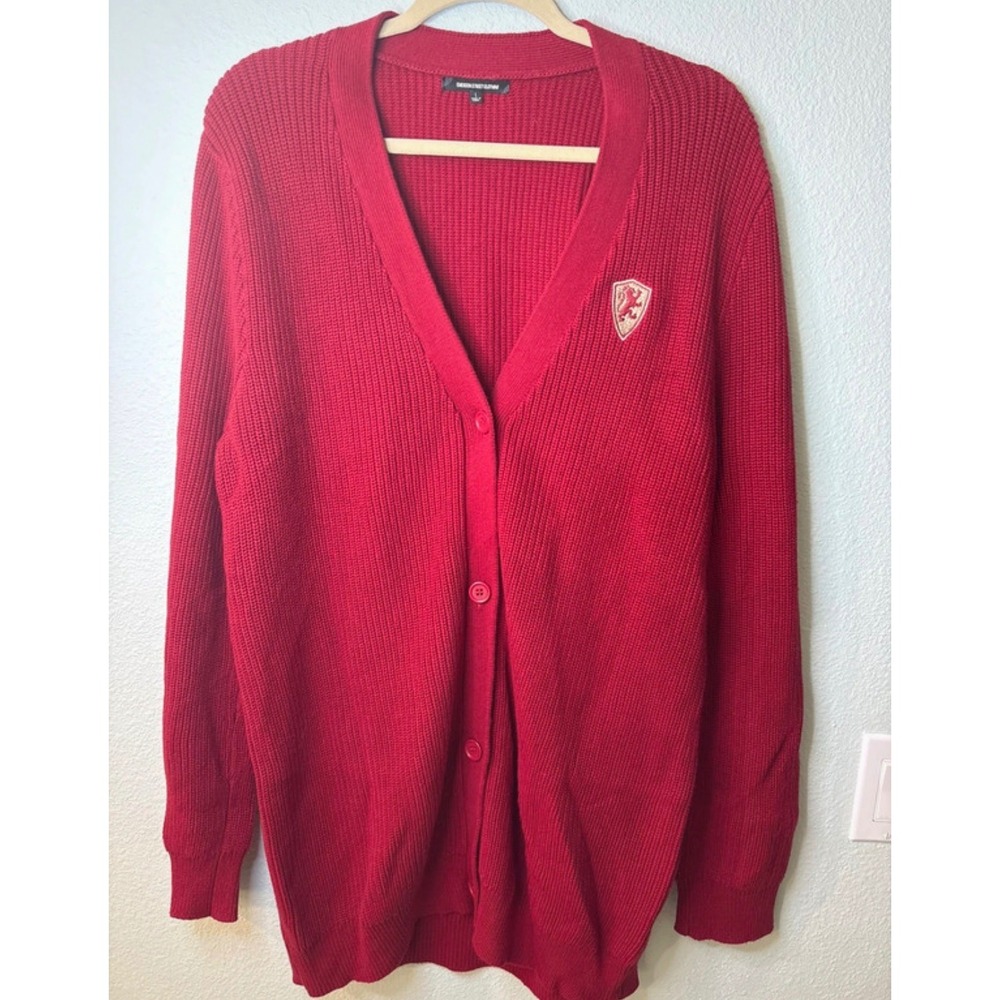 Emerson Street Clothing Red Cotton Shaker Knit Cardigan Lion Crest Patch Large